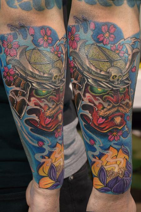 Tattoos - Red Samurai Mask with Waves and Flowers - 100618